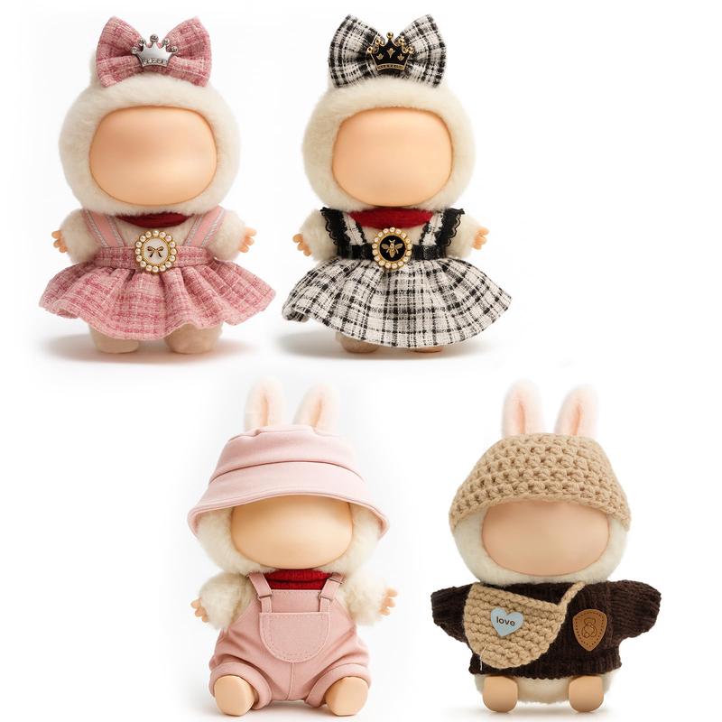 (4-Pack) 17cm Clothes Set Black Plaid Outfit & Pink Plaid Dress Set with Bow Clip and Metallic Details Cute Pink Clothing Knitted Doll Clothes with Hat & Crossbody Bag for 17cm Doll