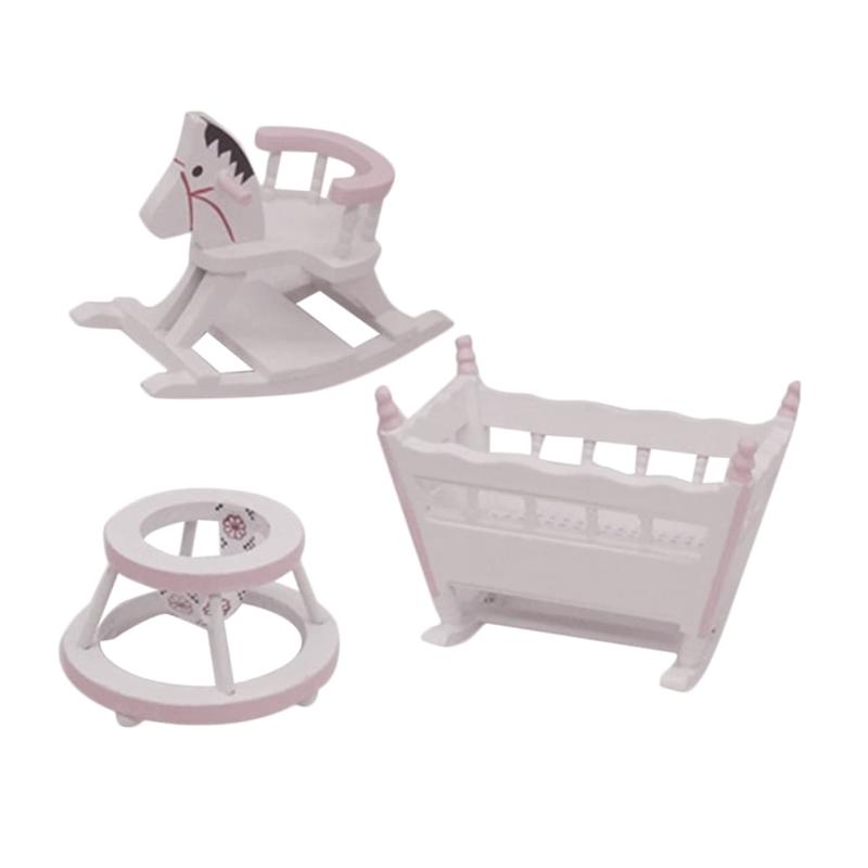 1 Set Children\'S Room Furniture Mini Cradle Wooden Dollhouse Furniture Wooden Mini Nursery Cradle Miniature Rocking Horse Chair