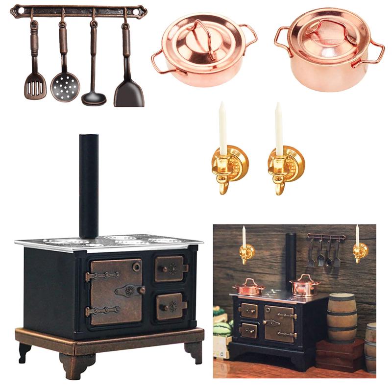 1/12 Miniature Furniture Cooking Stove Mini Retro Metal Stove With Miniature Wall Candle Holder Mini Pots Mini Spoon Shovel Cookware Tools For 1:12 Scale Kitchen Decoration