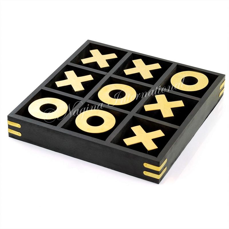10\' Large Elegant Premium Black Tic Tac Toe Board Game | Wooden Puzzle Game | Coffee Table Wooden Decor & Games | Lightweight Gold Plated Pieces