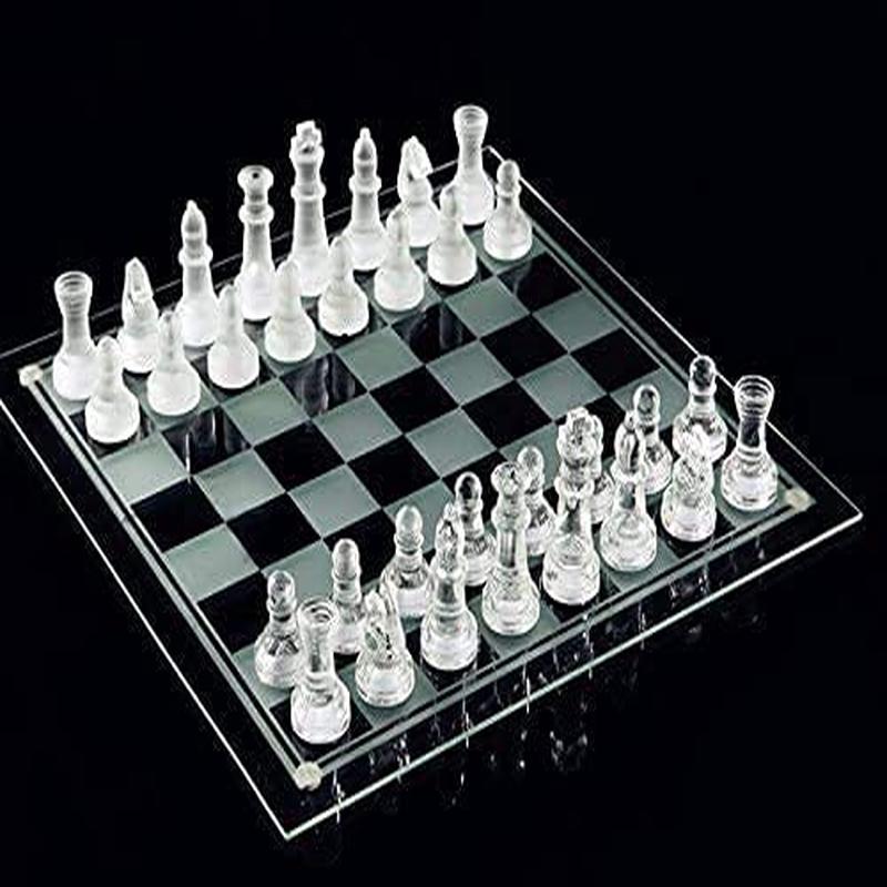 10*10 Glass Chess Set Frosted and Clear Pieces Felted Bottom for mature-themed and Teens(Gift for Game Education)