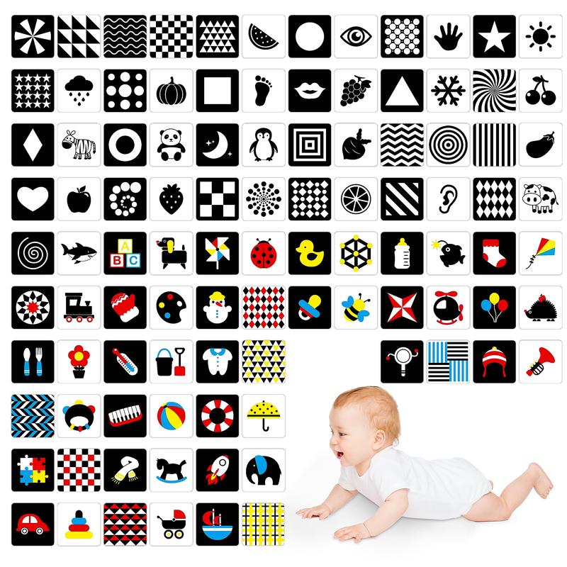 100 Pages Black White Colorful Baby Visual Stimulus Flashcard, 50 Pcs High Contrast Baby Flashcards Sensory Toys For Newborn Infant Gift (2 Levels 0-6 Months, 5.5 X 5.5)