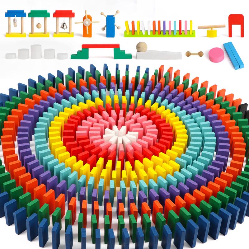 1000 PCS Bulk Dominoes Set for Kids with Extra 11 Blocks Wooden Building Blocks 10 Colors Dominoes Racing Tile Games Educational Toy for Kids Birthday Party with Storage Bag