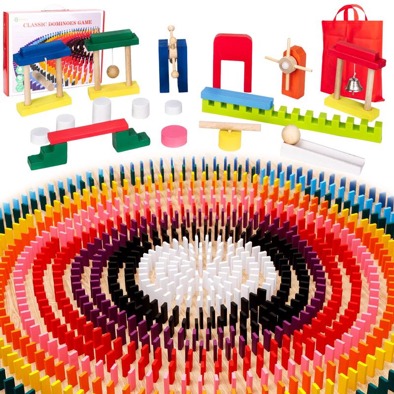1000 PCS Dominoes Set for Kids with Extra 20 Blocks Colorful Dominos Tiles for Building Stacking Racing Tumbling Wood Domino with Storage Bag and Box