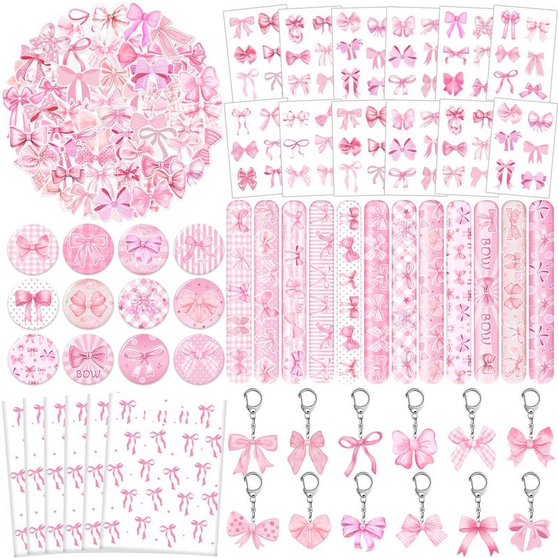 110 PCS Pink Coquette Bow Party Favors, Pink Coquette Bow Temporary Tattoos Slap Bracelets Stickers Keychains Badges Gift Bags f