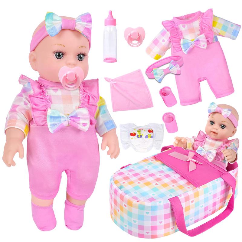 12 Girls Baby Doll With Carrier Bassinet Bed,Pink Plaid Pattern Newborn Baby Dolls Playset With Clothes And Accessories Include