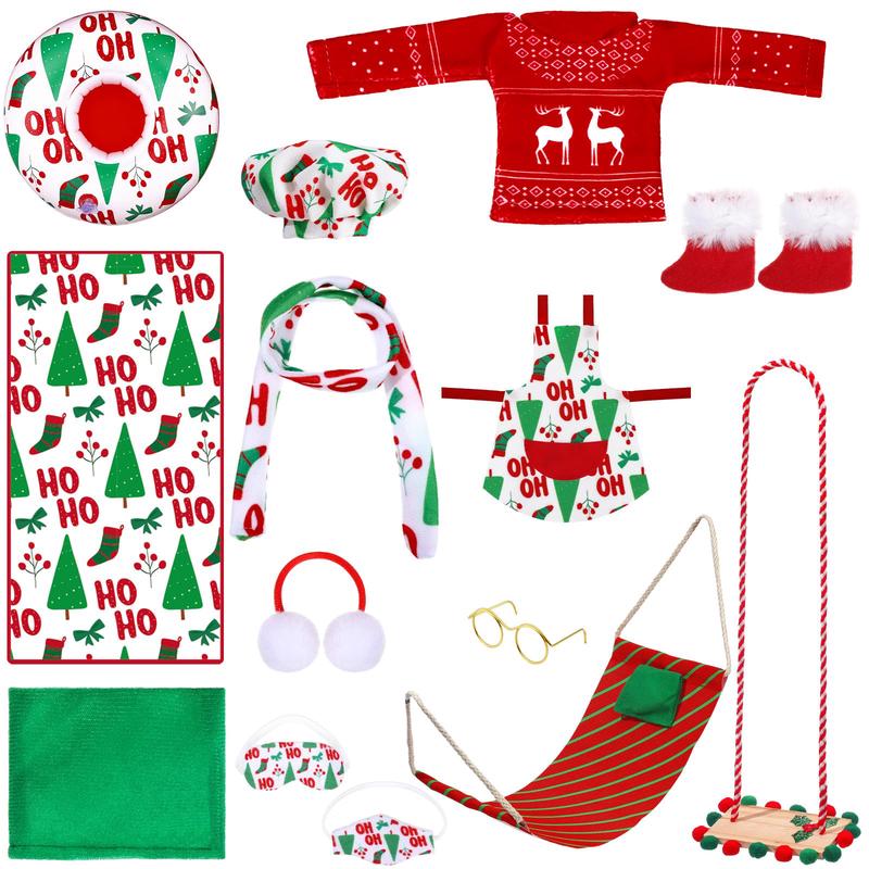 12 Pcs Christmas Elf Accessories Kits Include Christmas Doll Sleeping Bag Sweater Apron Chef Hat Scarf Earmuffs Eye Mask Snow Tu