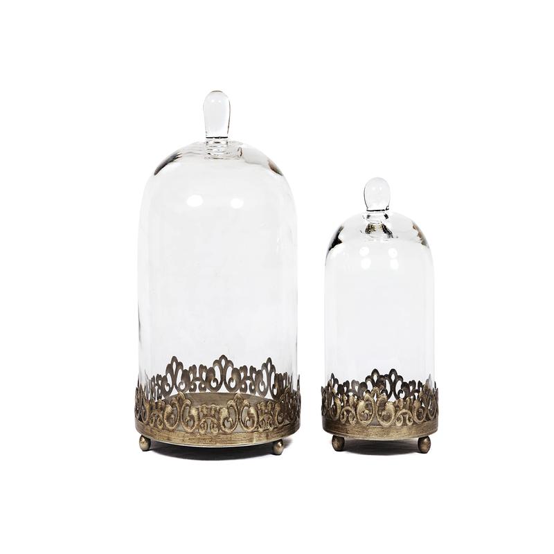 12\' Tall Large Sturdy Handmade Glass Cloche Dome With Metal Base 11.4\' H X 8\' And 8\' H X 5.5\' In Set Of 2 In Gold For Plant, Terrarium, Collectibles, Candle. Cloche Glass Dome, Bell Jar Display Case