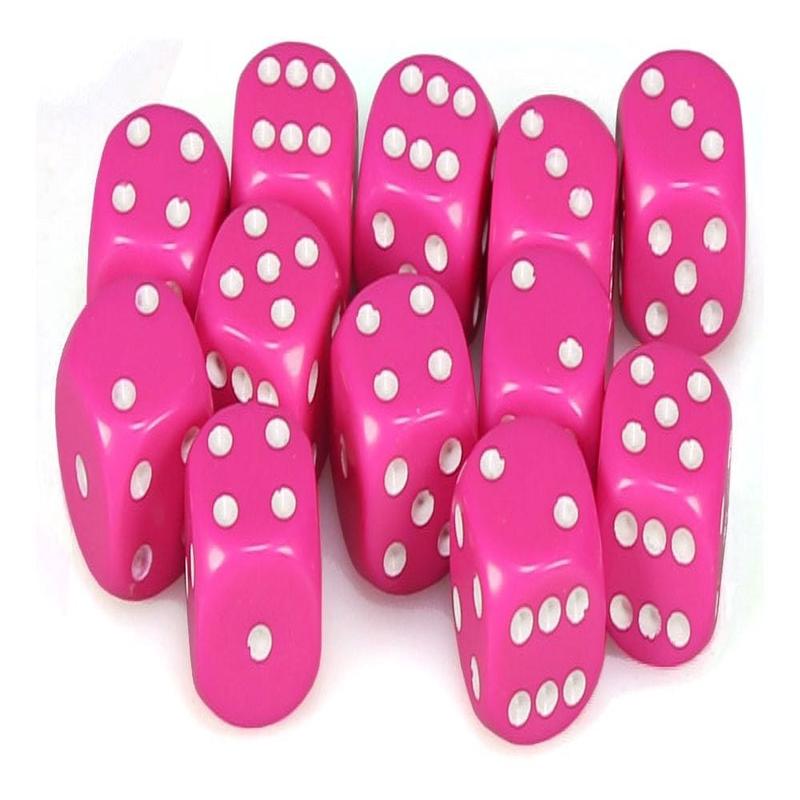 16 mm Pink Opaque D6 Dice with White Pips - Pack of 12