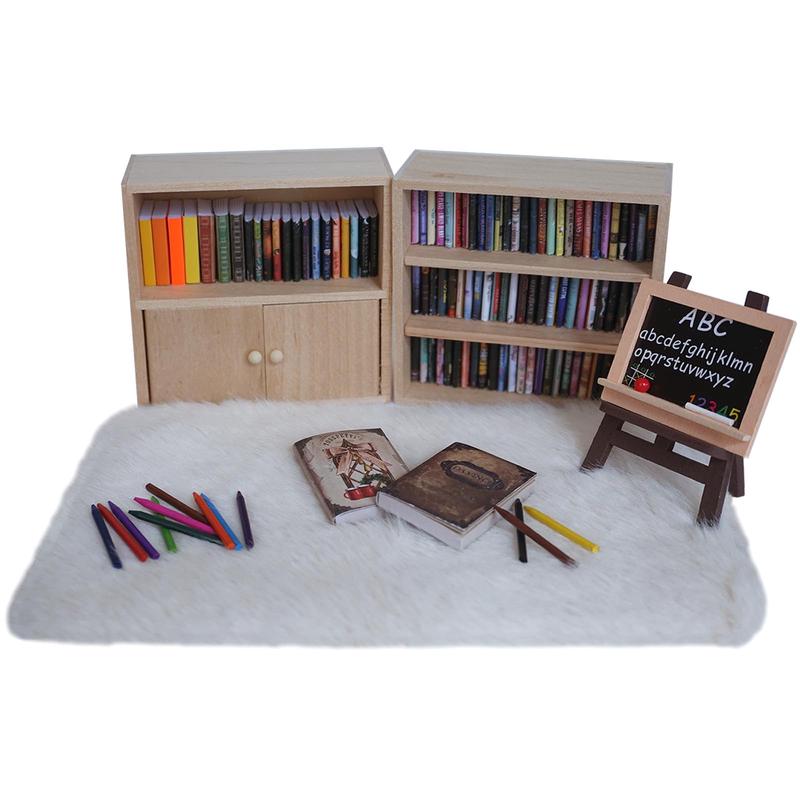 1:12 Scale Dollhouse Bookshelf Set - 2 Mini Wooden Bookshelves, 100+ Blank Mini Books & Art Studio Accessories For Creative Educ