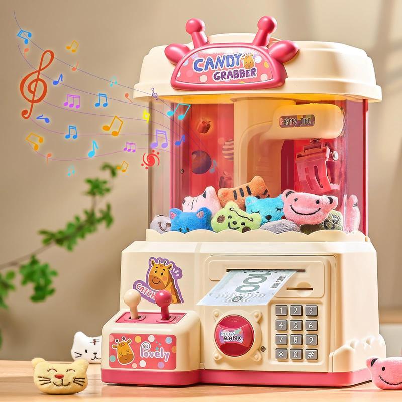 25PCS 2 in 1 Large Claw Machine and ATM Piggy Bank with Music & Light Party Birthday for 3-14 Kids Gift for Real Money Savings and Grabber Prize Dispenser Toys Pink