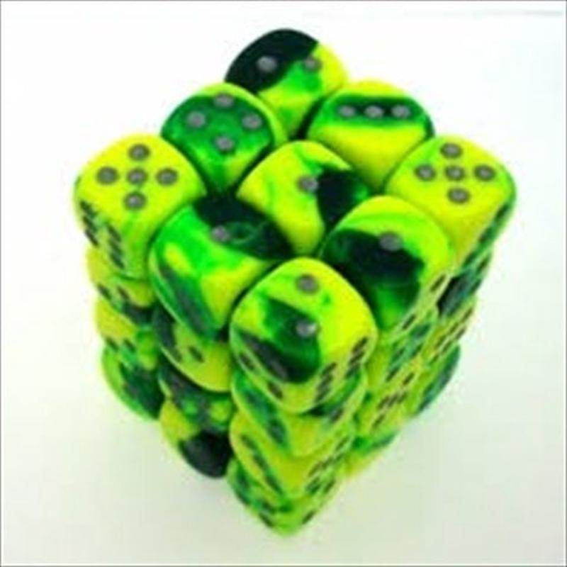 26854 D6 cube gemini Set Of 36 Dice, 12 mm - green & Yellow With Silver Numbering