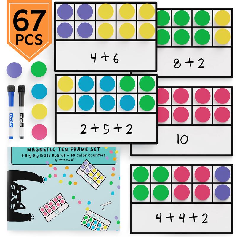 Attractivia 67 Pcs Giant Magnetic Ten Frames Set With Magnetic Counters - Math Manipulatives For Kindergarten, Preschool And 1St