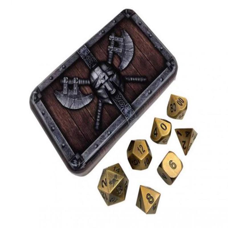 Antique Gold with Black Numbers Metal Dice in Tin