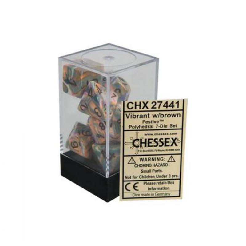 7 Vibrant w/brown Festive Polyhedral Dice Set