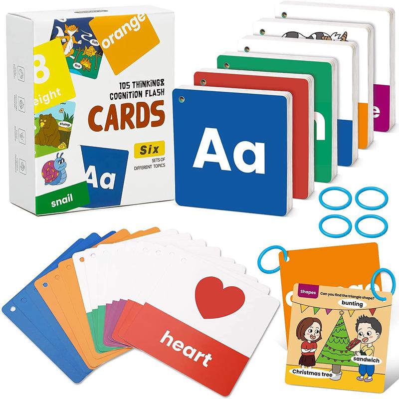 Beiens Flash Cards For Toddlers 1-4 Years - 105 Cards - 210 Sides With Rings - Learn Colors, Number, Shapes, Animals, Body Parts, Abc Letters & Sight Words - Fun Learning And Educational Flashcards