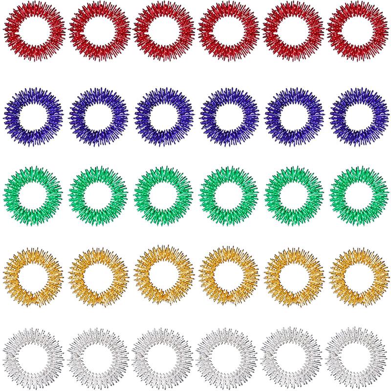 Blulu Acupressure Rings - 30 Spiky Sensory Fidget Massagers, Stainless Steel, 0.98 Inch, Multi-Color (Red, Blue, Green, Gold, Silver