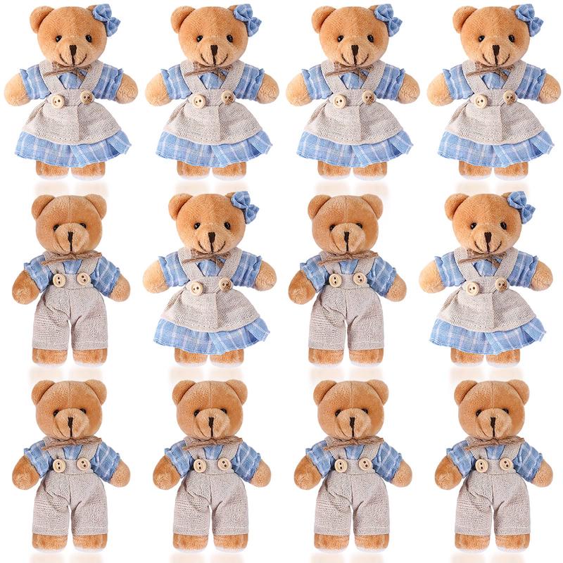 12 Pieces Mini Bear Stuffed Animals Plush Bears Mini Couple Bear with Burlap Clothes Little Bear Toys for Birthday Wedding Decorations Christmas Party Favors Supplies (Blue White Cute Style)