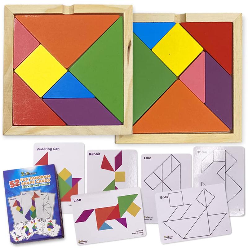 3 Bees & Me 2 Wooden Tangram Shapes Puzzle Toys with 52 Pattern Cards for Kids and mature-themeds - Montessori Wood Toy STEM Shape Puzzles Manipulatives Games Educational Tangrams for Kids