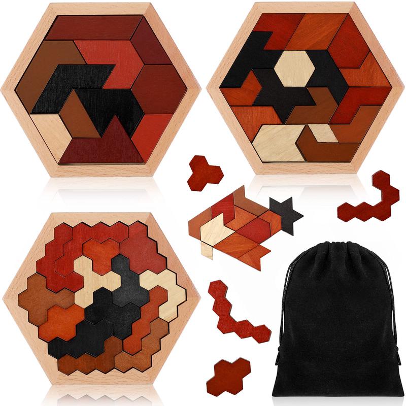 3 Pack Hexagon Wooden Puzzle Wood Russian Blocks Tangram Puzzle Brain Teaser Puzzles Geometric Jigsaw Block Russian Blocks Logic IQ STEM Montessori Toy for All Ages Kid mature-themed Intelligence (Vin