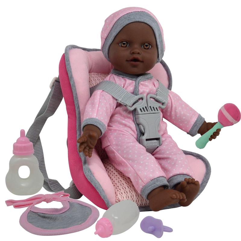 African American Doll Travel Playset - Baby Doll Car Seat Carrier Backpack With 12 Inch Soft Body Doll Includes Doll Bottles And Toy Accessories (African American)