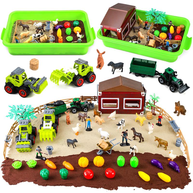 Aprilwolf Farm Sensory Bin Toys Playset - 69 PCS with Tractor & Animals, Plastic - Ideal for Kids 3-7 Years Old, Great Gift Option