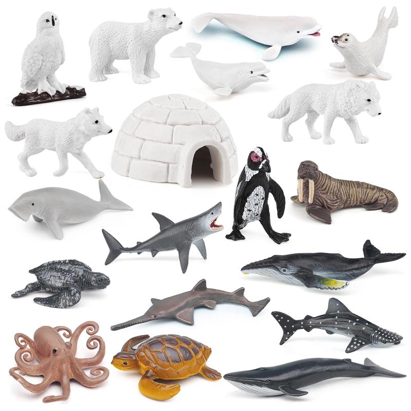Arctic Sea Animal Figurines Set Small Cake Toppers 19Pcs Christmas Toy Gift Polar Bear Figurine Plastic Arctic Fox Figure Pengui