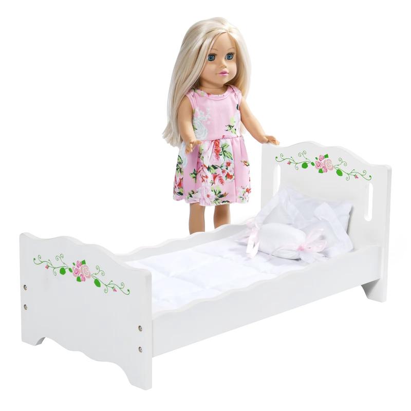 Badger Basket Doll Bed Plus 18 Inch Doll, Includes Bedding And Personalization Kit, White Rose
