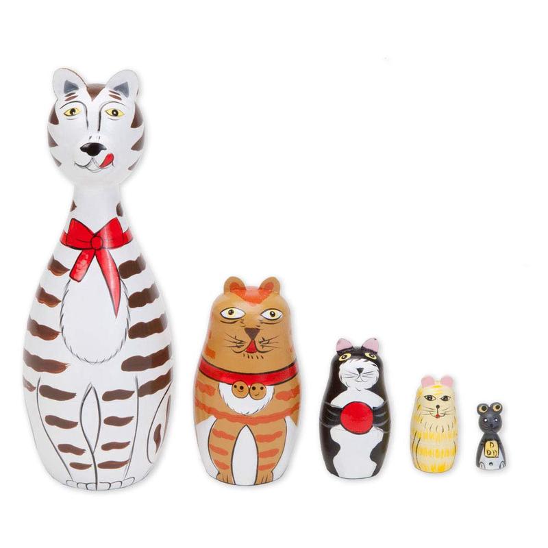 Bits and Pieces Cleo & Friends Hand-Painted Wooden Nesting Dolls Set of 5, 7\" Tall, Medium Size, Gift Box Included